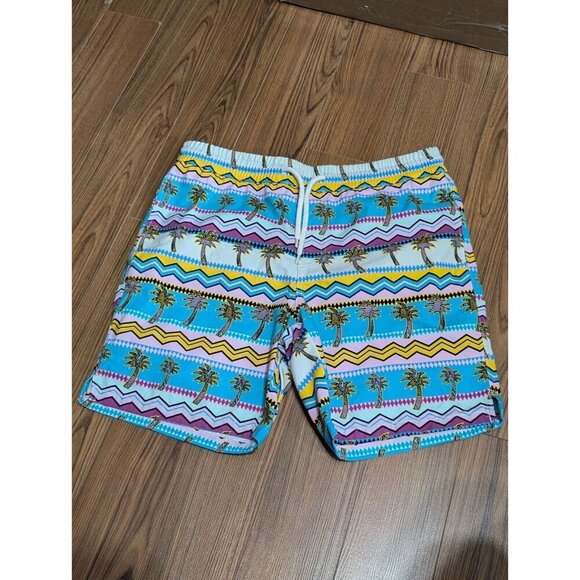 Mens Pink Tropical Board Shorts Large L Zip Code Palm Stripes Swimwear Loud - Picture 1 of 6
